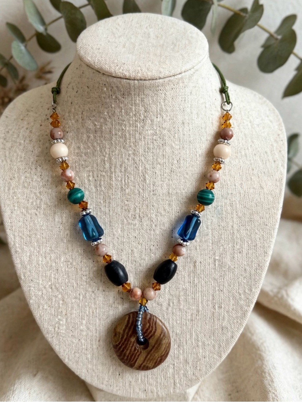 Handmade Multicolor Beaded Pendant Necklace with Blue Accents